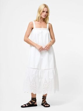 French Connection Cotton Square Neck Broderie Midi Dress White Small New
